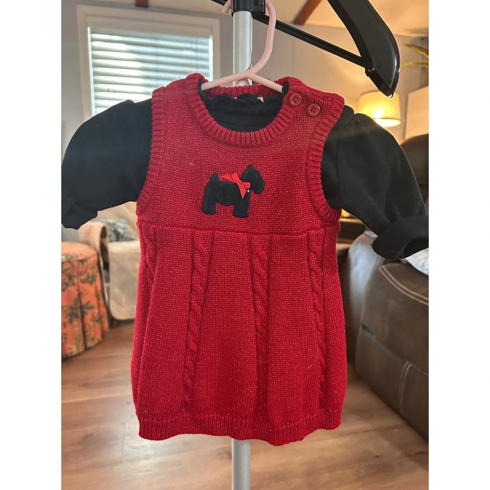 Cherokee Baby Red Cable Knit Scottie Dog Sweater Dress & Black Bodysuit Set NB
